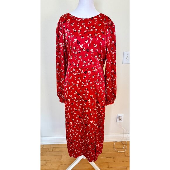 Lost & Wander Red Floral Long Sleeve Midi Dress Size L - Picture 1 of 5